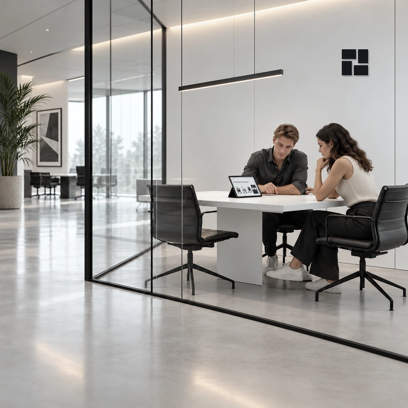 Two colleagues review a tablet together inside a glass meeting room.