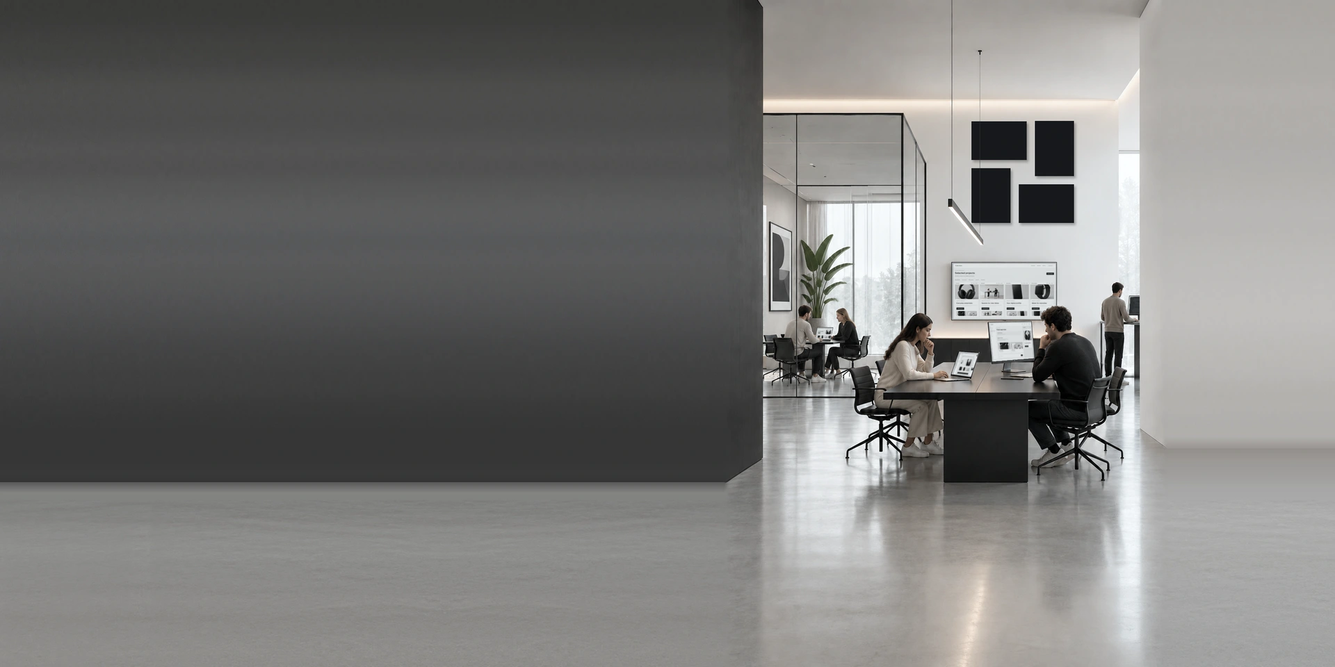 A bright, minimal open-plan office with the GWI mark on the wall, where a small team works together at a long table.