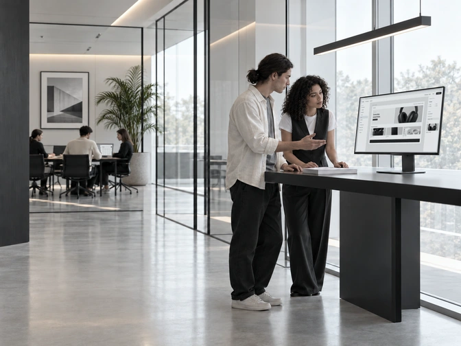Two colleagues review a website design on a large monitor.