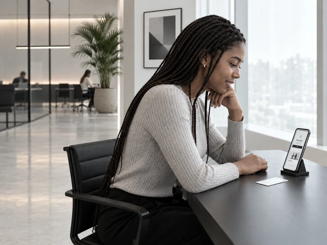 A colleague looks at a digital business card on a phone.