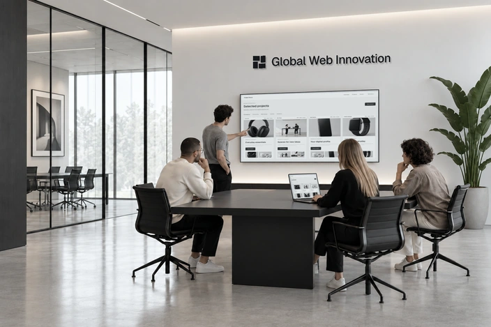 A team meets around a table beneath the Global Web Innovation wordmark.