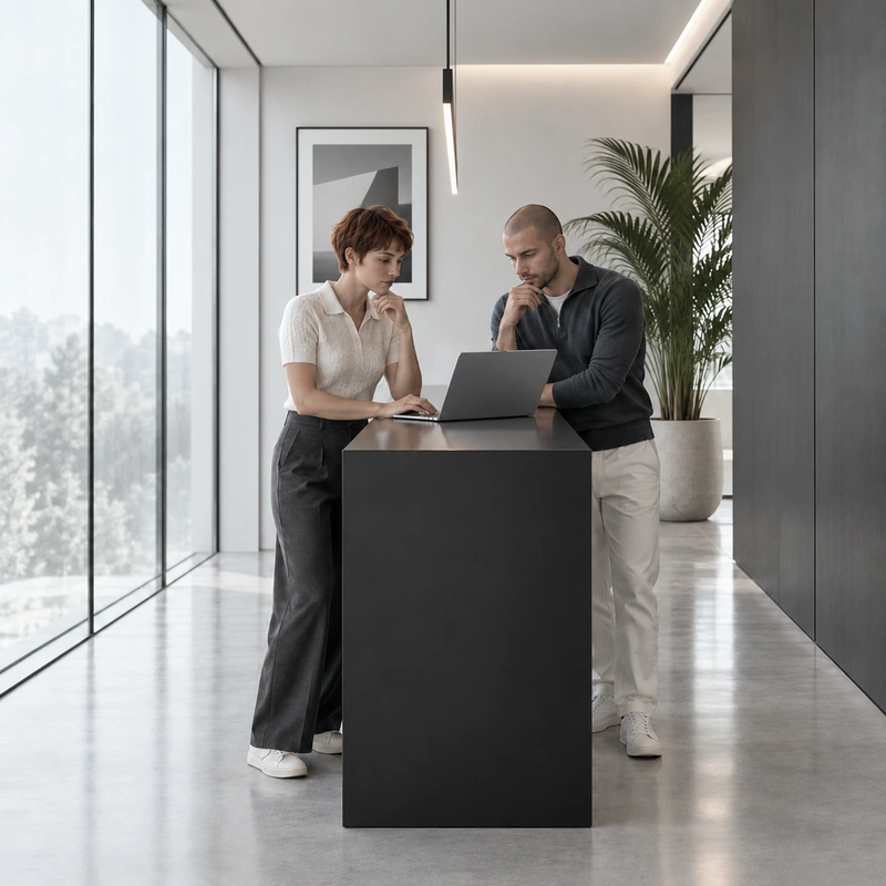 Two colleagues review work together on a laptop at a standing desk by the window.