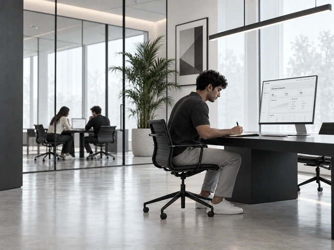 An analyst works at a desk with a match dashboard on the monitor.